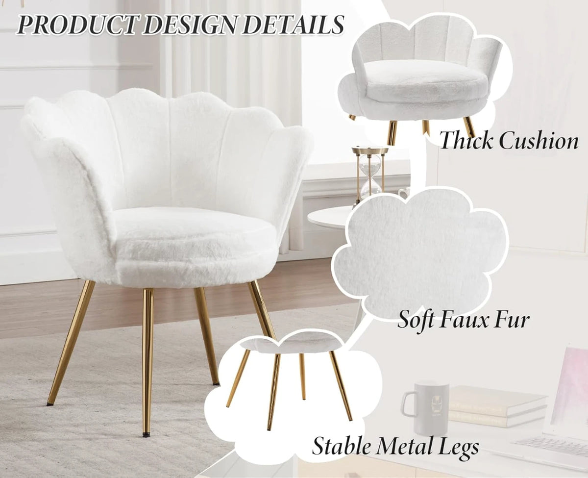 Ya-Home Fauteuil in Bloemvorm met Gouden Poten - Pluche Loungestoel - 70 x 60 x 76 cm - Wit
