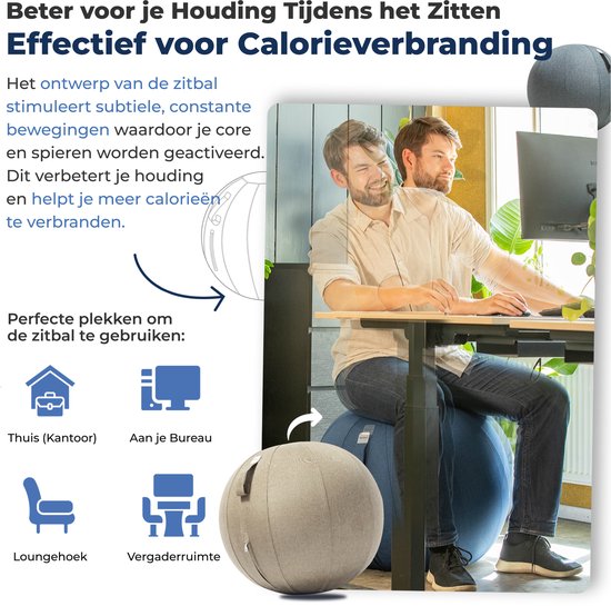 Backerz Zitbal 65 CM - Zitballen met Hoes Linnen - Ergonomische Bureaustoel Kantoor en Thuis - Luxe Yoga Bal - Zand Grijs
