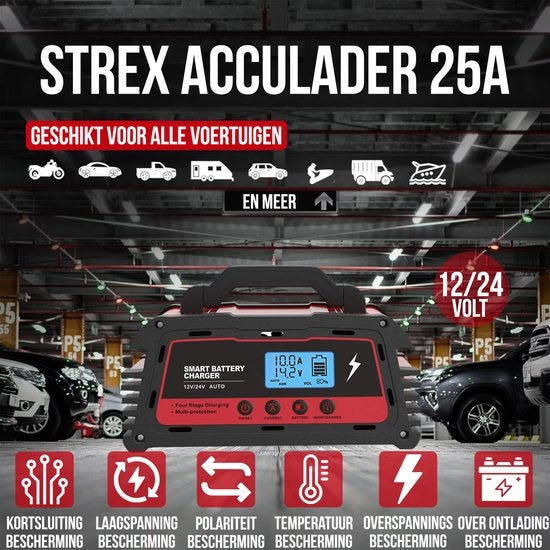 Strex Industriele Acculader - 12/24V 5/10/25A - voor Auto / Motor / Scooter / Boot / Camper - Reparatiemodus - Druppellader