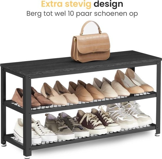 Goliving Schoenenrek – Schoenenbank – Halbank – Industrieel – 30 x 80 x 45 cm – Metaal – Zwart Hout