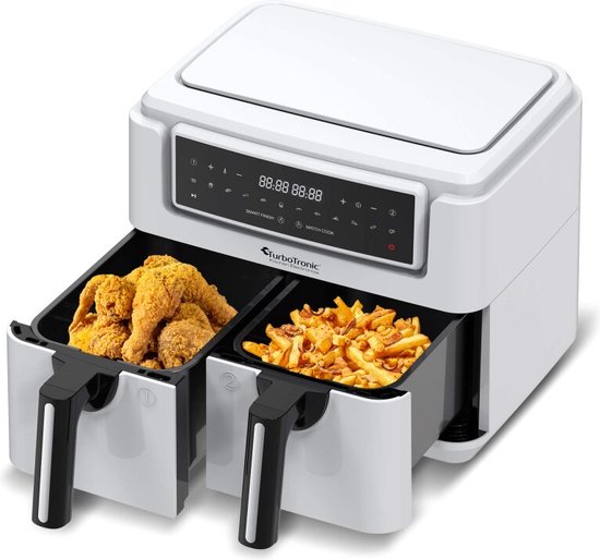 TurboTronic AF118 Dubbele Airfryer XXL - Digitale Heteluchtfriteuse - Dubbele mand - 7,6 Liter - 2x 3,8L - 12 programma's - Touchscreen - Wit