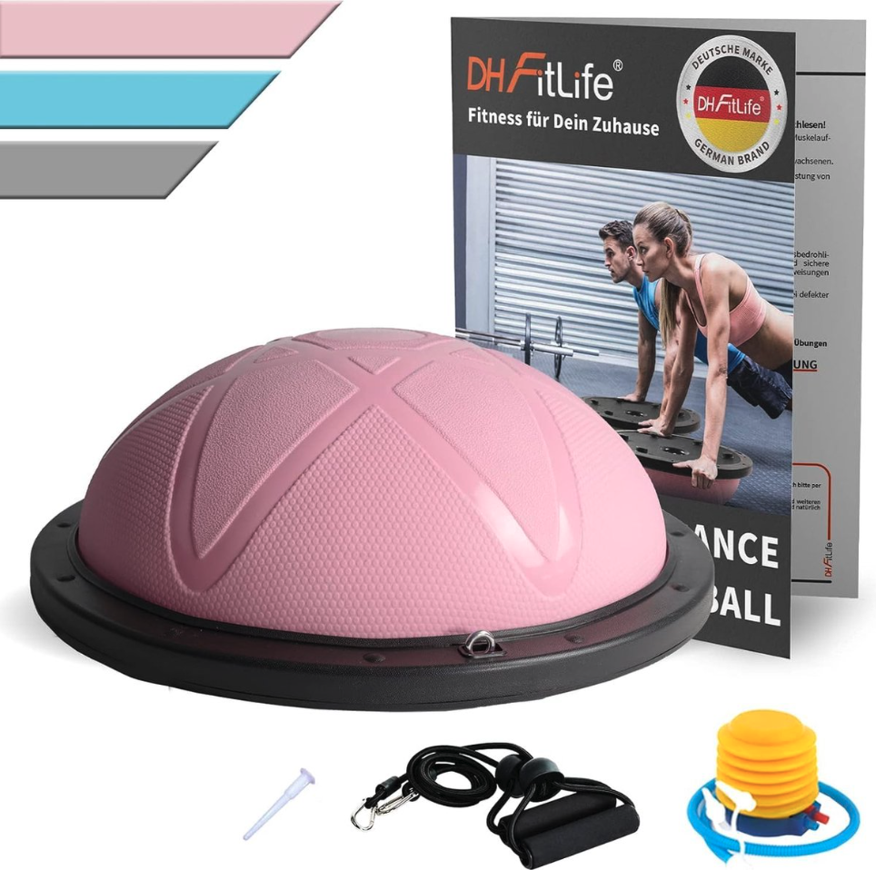 DH FitLife Balansbal – Yoga Balanstrainer Ø60 x 22 cm – Tot 200 kg Belastbaar – Halve Gymbal / Fitness Balance Board – Inclusief Pomp & 2 Fitnessbanden – Roze