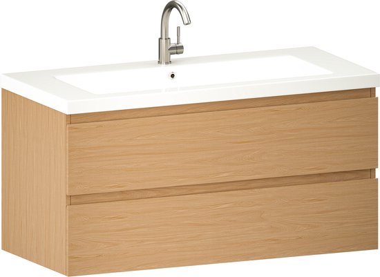 Mirlux Badkamermeubel Licht Eiken 100 cm - Wastafel Wit - Badmeubel set - Wastafelmeubel Licht Eiken