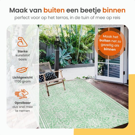 Goliving Buitenkleed Summer Flora - 183x290CM - Tuintapijt - Buitentapijt - Vloerkleed - Tuinkleed - Omkeerbaar - Incl. Draagtas - Groen/Wit