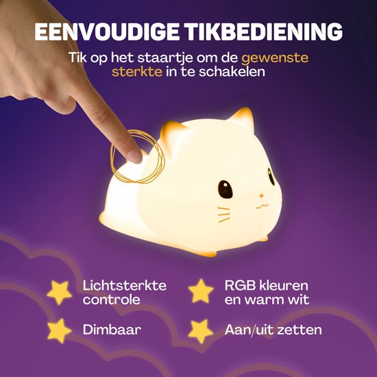 Vulpes Goods® Nachtlampje Kinderen - LED Licht & 8 Kleuren – Nachtlampje Babykamer – Poes – USB-Oplaadbaar – Dimmer – Timer – Draadloos - Kindvriendelijk