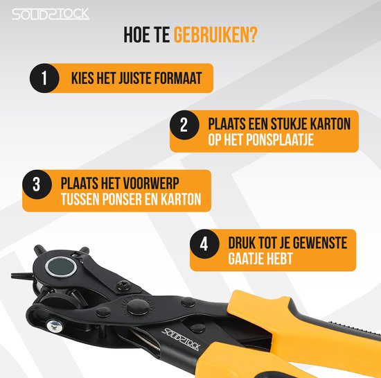 SolidStock Professionele Gaatjestang voor riem - met Gratis Meetlat - Ponstang - Revolvertang