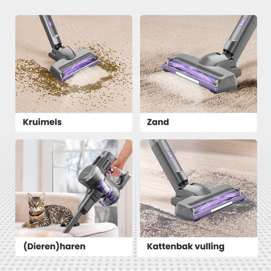 Auronic Steelstofzuiger Draadloos 220W - Draadloze Stofzuiger - HEPA Filter - Zelfstaand - Extra Accu - Op Accu - Zonder Zak - Kruimeldief - Vacuum Cleaner - Grijs/Paars