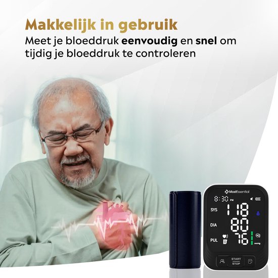 MostEssential Premium Bloeddrukmeter Bovenarm - Hartslagmeter - 398 Metingen Geheugen - Inclusief USB-C Kabel - 30S