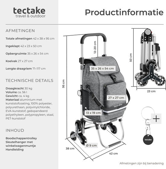tectake® 3-in-1 Boodschappentrolley met Koelvak - 4 Traploop Wielen - Opvouwbaar - 56L Inhoud - Boodschappenwagen - Boodschappenkar - Ook als Steekwagen en Boodschappentas - Met Sleutelhanger en Winkelwagenmunt