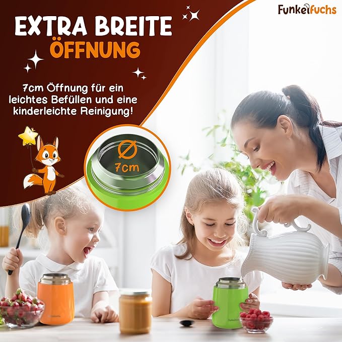 Funkelfuchs® Thermo beker voor kindervoeding - 500ml, groene trekker - 100% lekvrij - roestvrijstalen voedselwarmer - thermo beker voeding - thermo lunch box kinderen - baby voedselwarmer