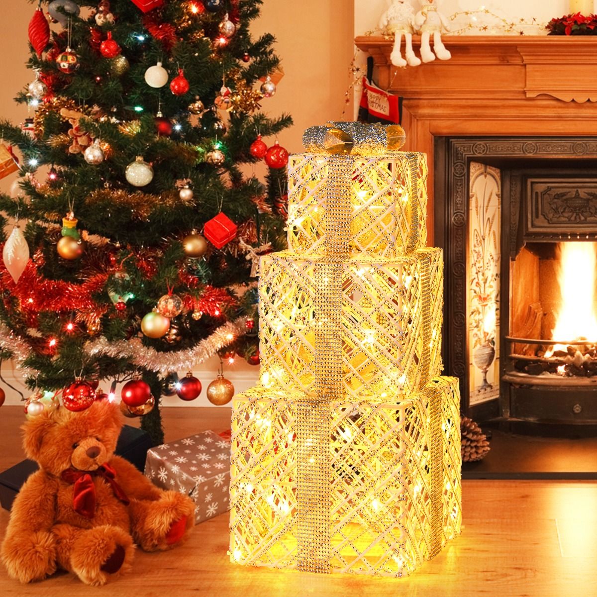 Coast 3-delige LED cadeauboxen set – warmwit – wit – 25×25×23 / 20×20×18 / 15×15×13 cm