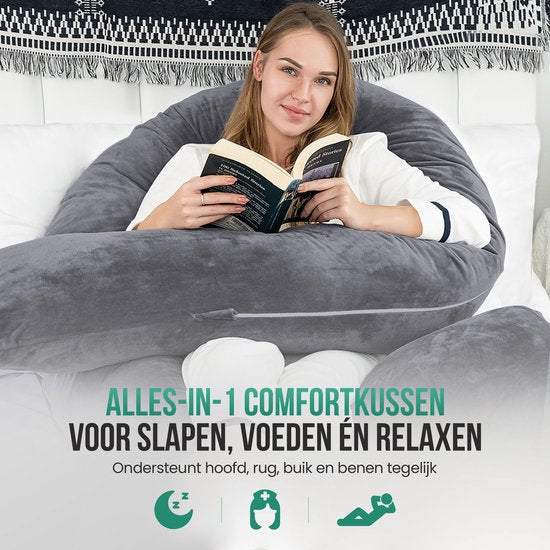 Avalo Zwangerschapskussen XXL 280 cm - U-Vorm Voedingskussen & Zijslaapkussen - Body Pillow - Lichaamskussen - Donkergrijs