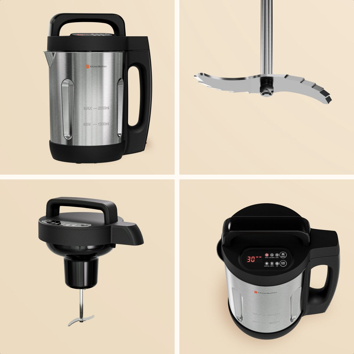 KitchenBrothers Soepmaker - 2L - 5 Programma's - Timer Display - Blender - RVS/Zwart