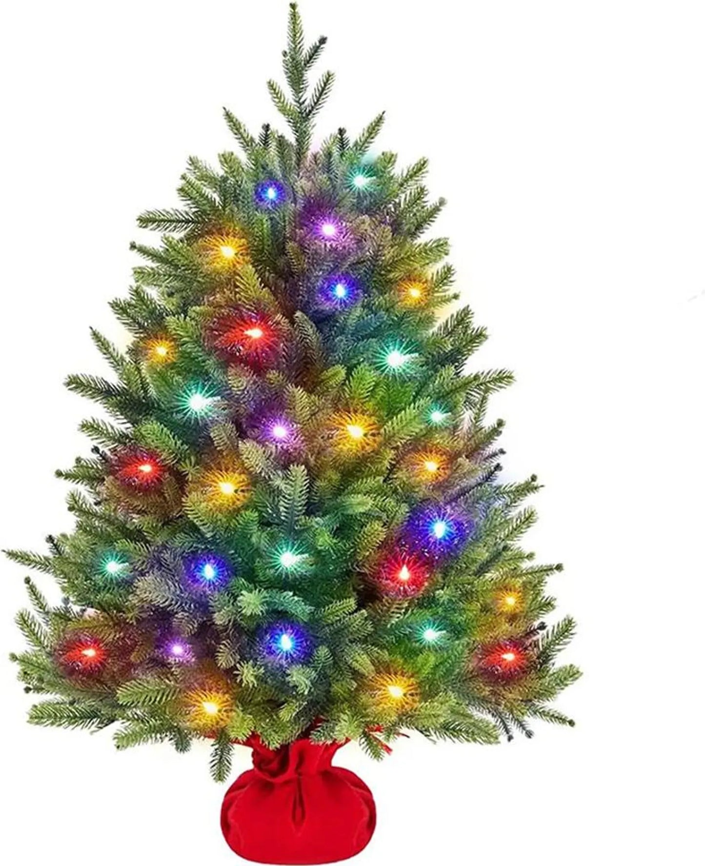 Yaheetech Kunstkerstboom Inclusief 50 Gekleurde Led-verlichting – Voorzien Van 143 Takpunten En 8 Lichtmodi En Cementen Basis – Voor Vensterbank En Tafel – Groen Pvc En Beton – 58 x 58 x 91,5 cm