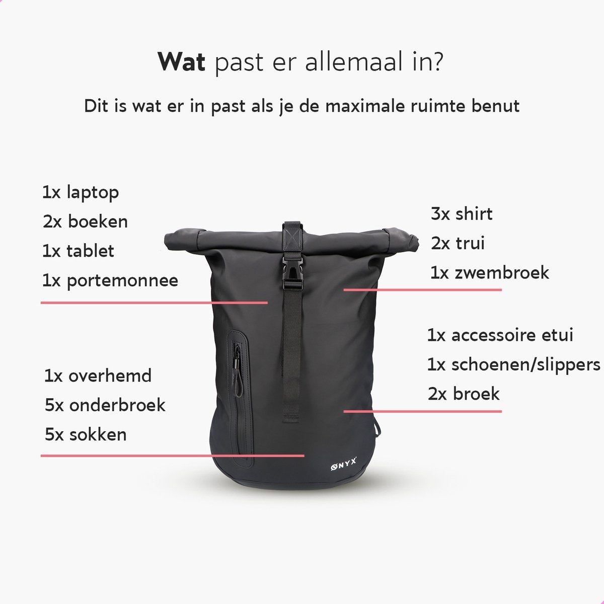 ONYX Rolltop Rugzak 25 tot 40 L - Met Laptopvak - Verstelbare Rugtas - Reistas - Waterbestendig en Duurzaam - Zwart