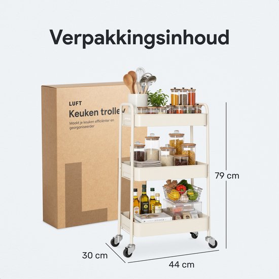 Keuken trolley op Wieltjes - 3 laags - Keukenrek - Serveerwagen - Kastje - Karretje - Opberg - Douche kastjes staand - Rekje - Beige - Luft