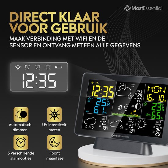 MostEssential Weerstation Wifi Edition - Draadloos Weerstation met Buitensensor - Hygrometer - Binnen en Buiten - 150 Meter Bereik - Inclusief App - Zwart - 2 sensors