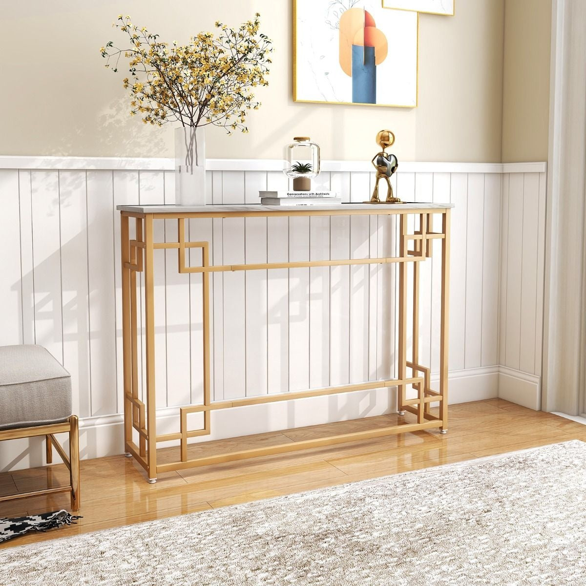 Coast Bijzettafel - Wit Tafelblad met Imitatiemarmer - Gouden Frame - 110 x 30 x 81 cm - MDF/Metaal
