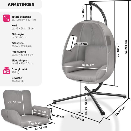 tectake® Hangstoel met frame - Schommelstoel met kussen + rugkussen - Meubels voor woonkamer of slaapkamer - Balkonmeubilair - Binnen of buiten - Tot 160kg - Lichtgrijs
