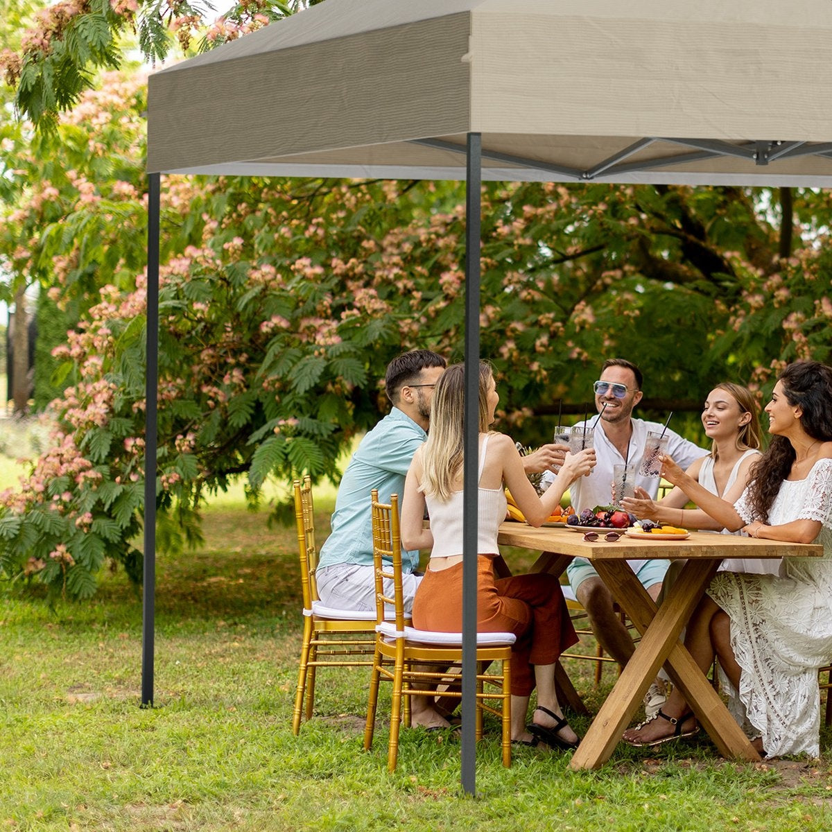 LifeGoods Partytent - Paviljoen - EasyUp - Opvouwbaar - 4 Zijwanden - Waterdicht - Met Draagtas met wieltjes - 300 x 600 cm - Beige