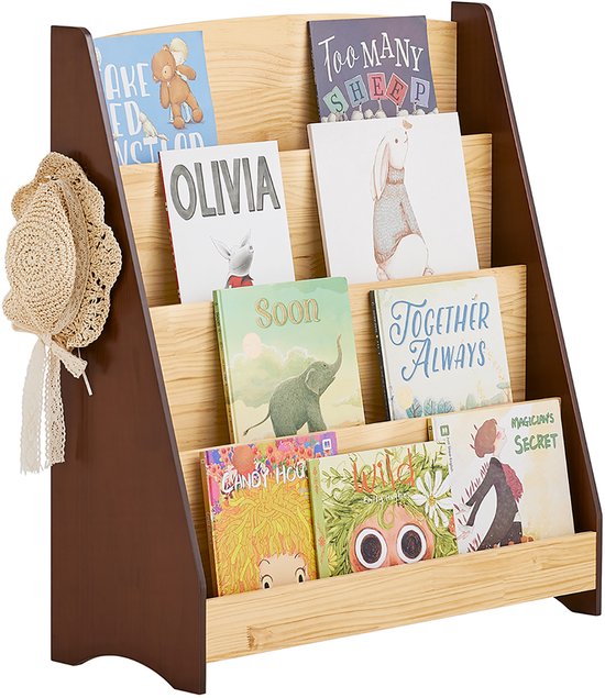SoBuy KMB32-N Boekenkast voor kinderen, speelgoed, boekenkast, 4 niveaus, met 2 haken, boekenrek, opbergkast, slaapkamer, kantoor, woonkamer, natuur, 91 x 30 x 89 cm