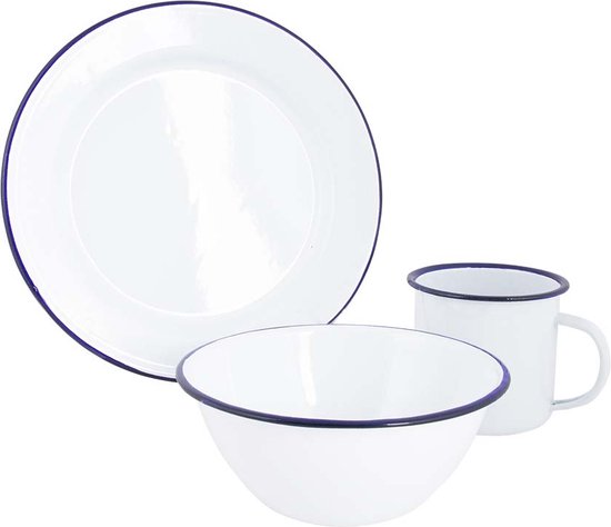 Bo-Camp - Servies - Emaille - 6 Stuks - Wit/Blauw