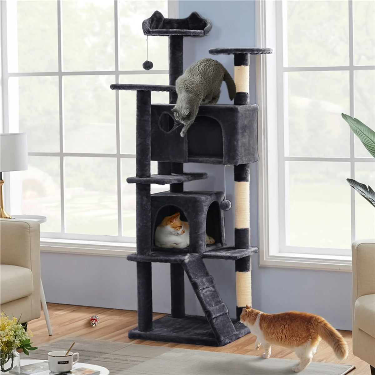 Yaheetech Krabpaal met 2 Grotten - 178 cm hoog - 54 x 54 cm - Zwart
