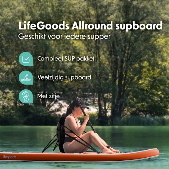 LifeGoods PaddlePro SUP Board - met Zitje - Opblaasbaar Paddle Board - Complete Set - Max. 135KG - 320x81cm - Wit/Oranje