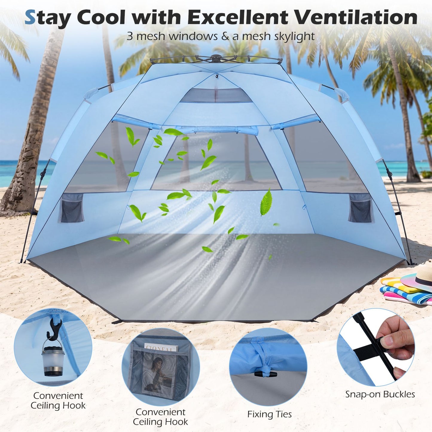 Coast Pop-up Strandtent 3-4 Personen - Grijs/Blauw - 278 x 140 x 142 cm - Incl. Draagtas, Haringen en Zandzakken