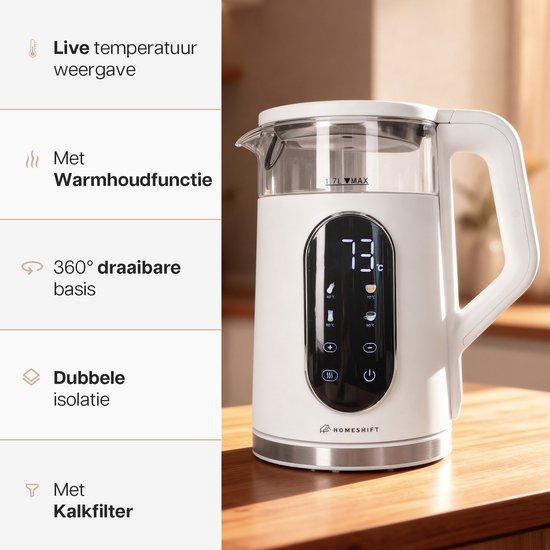 HomeShift® Waterkoker met Temperatuurregeling - Warmhoudfunctie - Dubbelwandig - Elektrisch - 1,7 Liter - 2200W - Wit