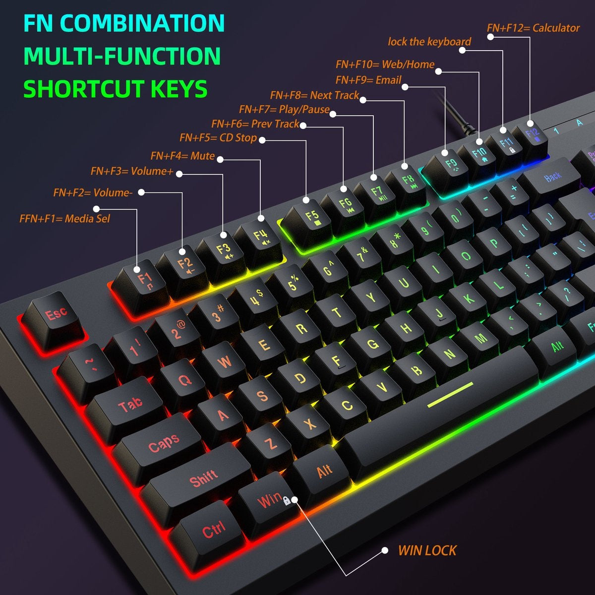 Fuegobird V100 Bedraad Gaming Toetsenborden - Membraan Toetsenbord - RGB Verlichting - TKL - 87 keys - Zwart