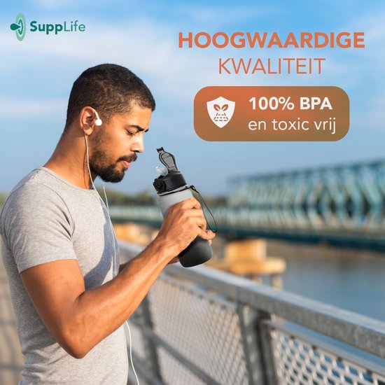 Supplife Motivatie Waterfles - 600 ml Drinkfles - Waterfles met Tijdmarkering - Met Rietje - Volwassenen - Kinderen - Wit Zwart