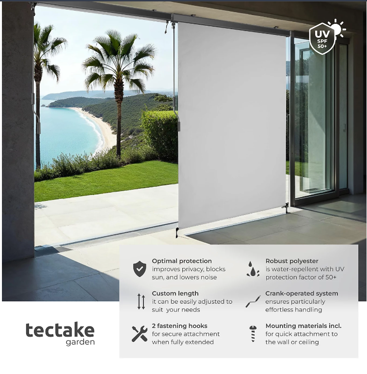 tectake Verticale Luifel Eloise – Uitschuifbaar – 120 x 250 cm – Lichtgrijs