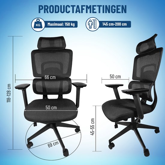 ArtGlobal® Ergonomische bureaustoel - verstelbaar - lendensteun - 125° kantelbaar