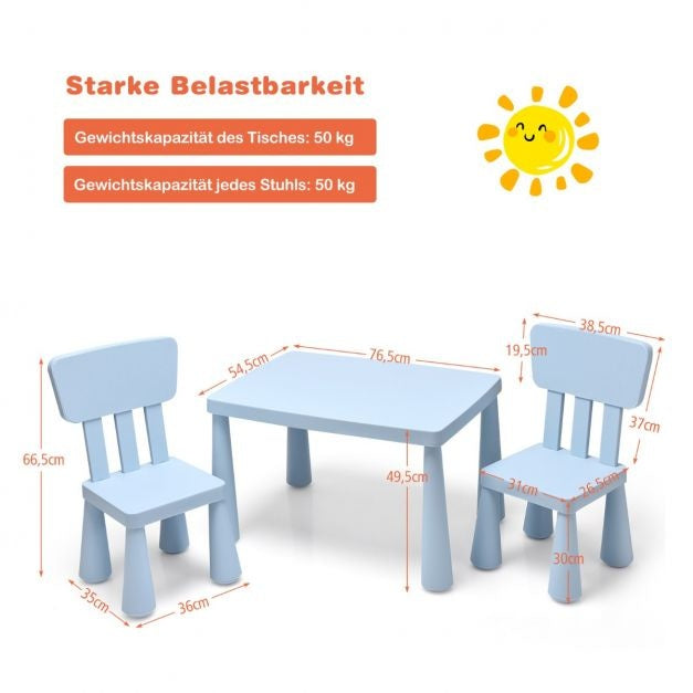 Coast - Kinderzitgroep 3 Stuks (Tafel en 2 Stoelen) - Multifunctioneel, Ergonomisch, Ronde Randen, 50 kg Belastbaar - Tafel 76,5 x 54,5 x 49,5 cm - PP - Blauw