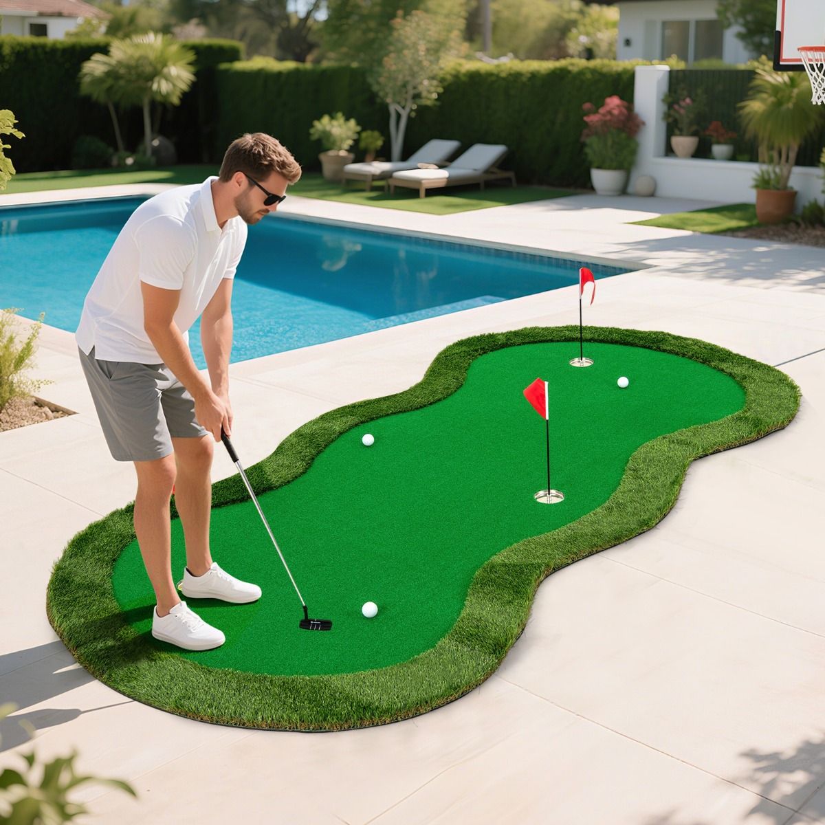 Coast Golf Puttingmat - 3 gaten - inclusief golfballen en vlaggen - 300 x 150 cm - groen