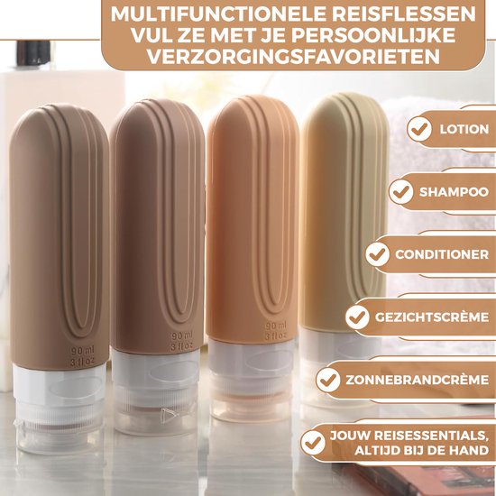 EverNeeds Reisflesjes Met Etui - Navulbaar - Siliconen Reisflesjes Handbagage - Crème - 4 Stuks
