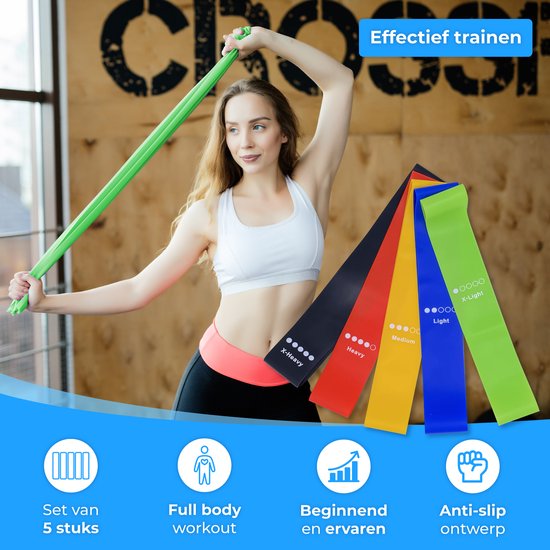 Nuvance - Weerstandsbanden Set Incl. Draagtas - 5 Delige Set - Resistance Band - Fitness Elastiek - Incl. eBook - Diverse Kleuren
