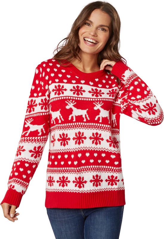 Dressforfun Kersttrui wintertoverpracht rood-wit voor vrouwen L - verkleedkleding kostuum halloween verkleden feestkleding carnavalskleding carnaval feestkledij partykleding - 303332