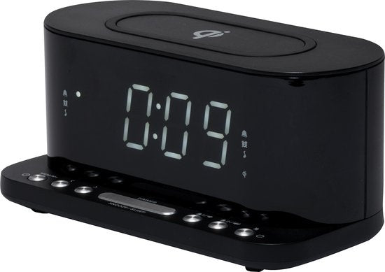 Denver Wekkerradio met Draadloze Oplader - Dual alarmklok en Dimmer - Digitale Wekker - FM Radio - USB - CRQ110 - Zwart
