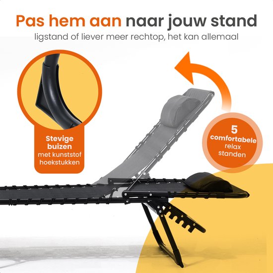 Goliving Ligbed - 5 Standen - 188 x 56 x 29 cm - Inklapbaar Zonnebed - Opvouwbaar Strandbed - Ligstoel Tuin - Inclusief Hoofdkussen - Verstelbare Rugleuning - Zwart