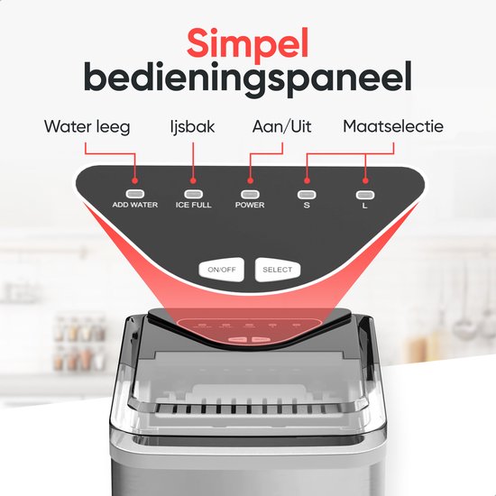 Kitchenwell IJsblokjesmaker – Voorzien Van 2L Watertank En 2 IJsblokjesopties En Rvs Behuizing – Voor Cocktails En Frisdranken – Grijs Roestvrij Staal – 12 kg per 24 Uur