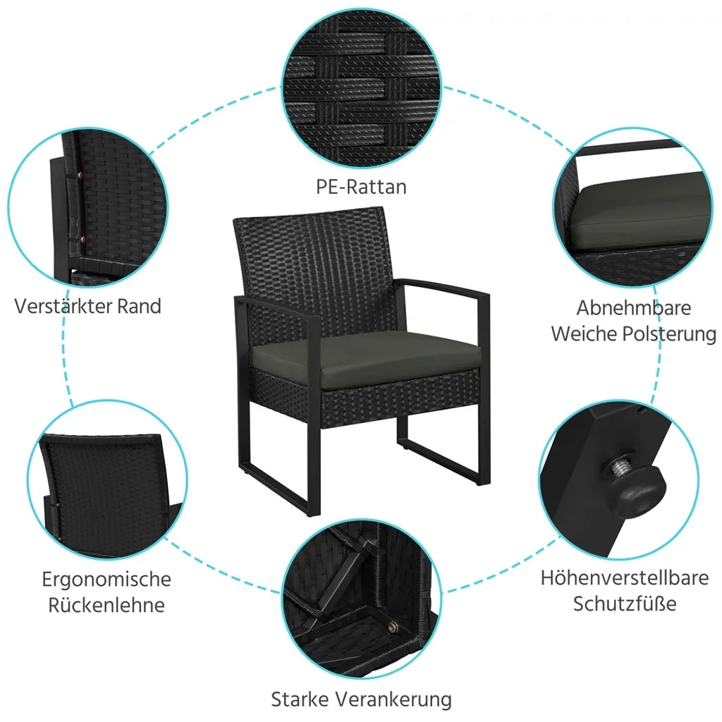 Yaheetech Tuinmeubelset 3-delig - Zwart/Grijs - Polyrattan Balkonset met Bijzettafel
