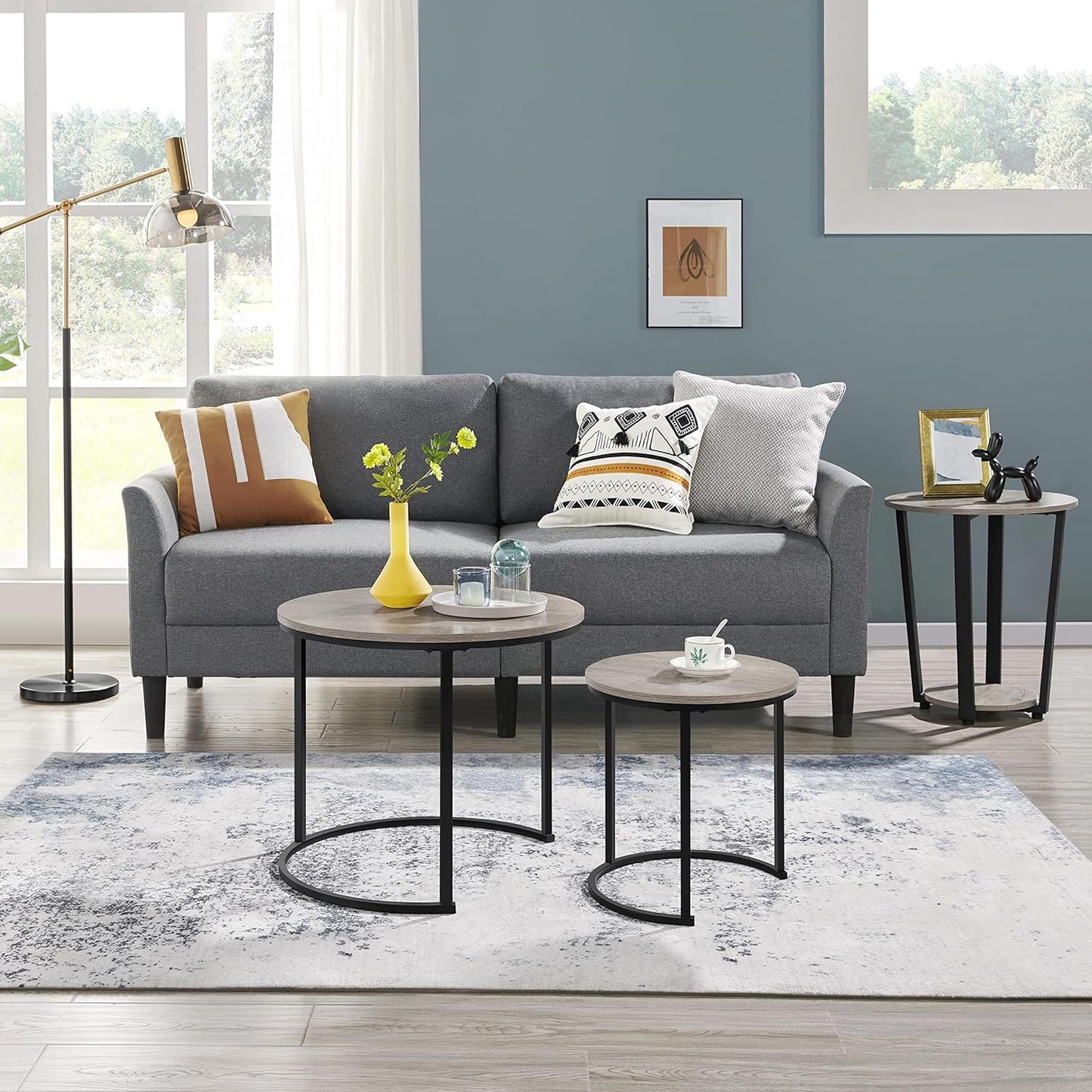 Yaheetech Salontafel Set van 2 Ronde Bijzettafels met Metalen Frame - Eiken Houtkleur