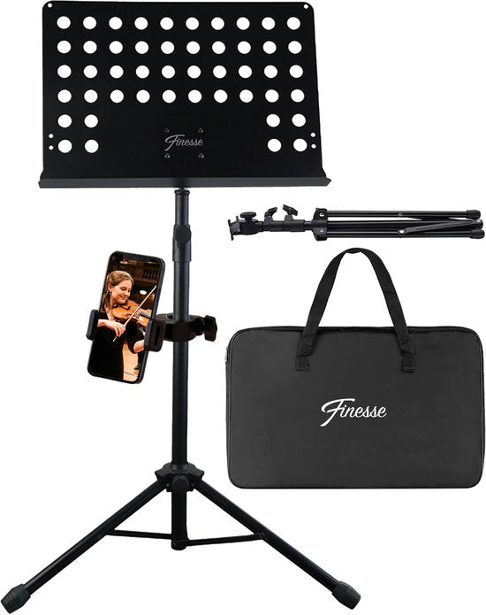 Finesse Muziekstandaard voor Bladmuziek met Telefoonhouder - XL - Opvouwbaar - met Draagtas - voor Tablet - Zwart