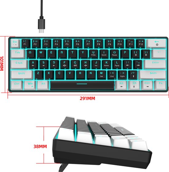 HXSJ V900 - Bedrade Gaming Toetsenbord - Mechanisch - RGB - Blue Switch - 61 Keys - QWERTY Toetsenborden - Zwart wit