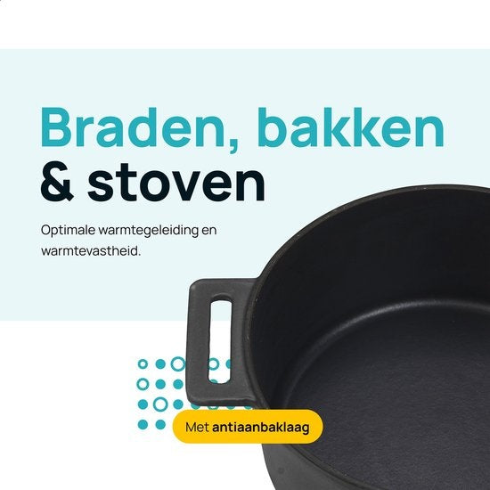 MOA Gietijzeren Braadpan - Inhoud 4,75 liter - 26CM - Rond - Alle warmtebronnen - Ook voor inductie - Gewicht 5,8 kg - Zwart - MOAMC26B