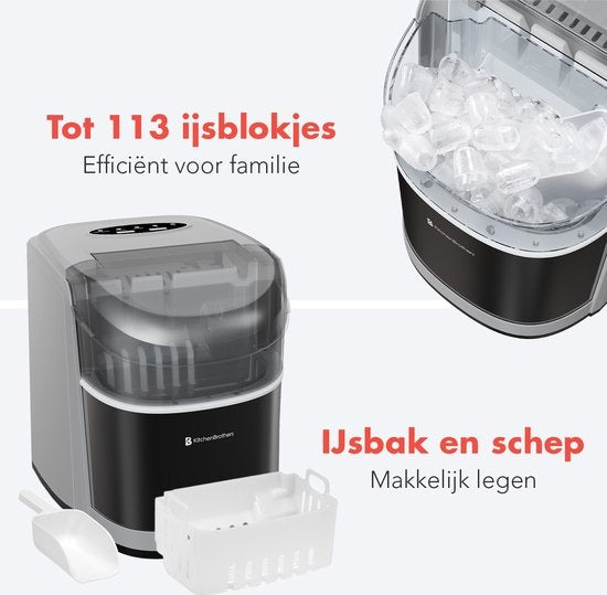 KitchenBrothers IJsblokjesmachine - 1.6L - 8 min. - 12kg/24u - Zelfreinigingsfunctie - IJsblokmaker met IJsschep - RVS