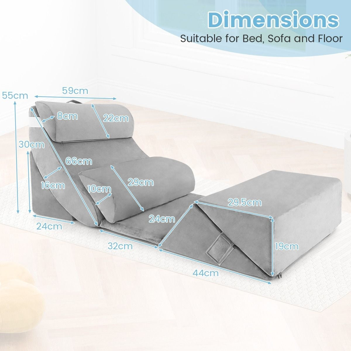 Coast Set van 7 Ergonomische Ligkussens - Traagschuim - Wasbare Hoes - 119 x 59 x 55 cm - Grijs