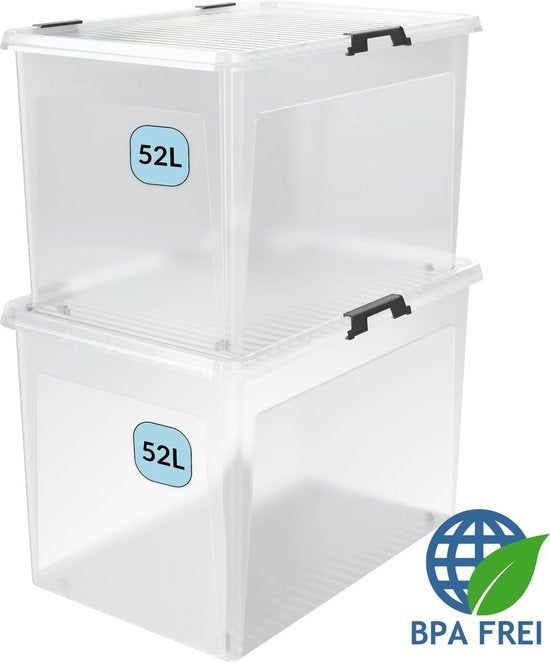 Opbergbox 2x52L – Deksel – Stapelbaar - Wielen